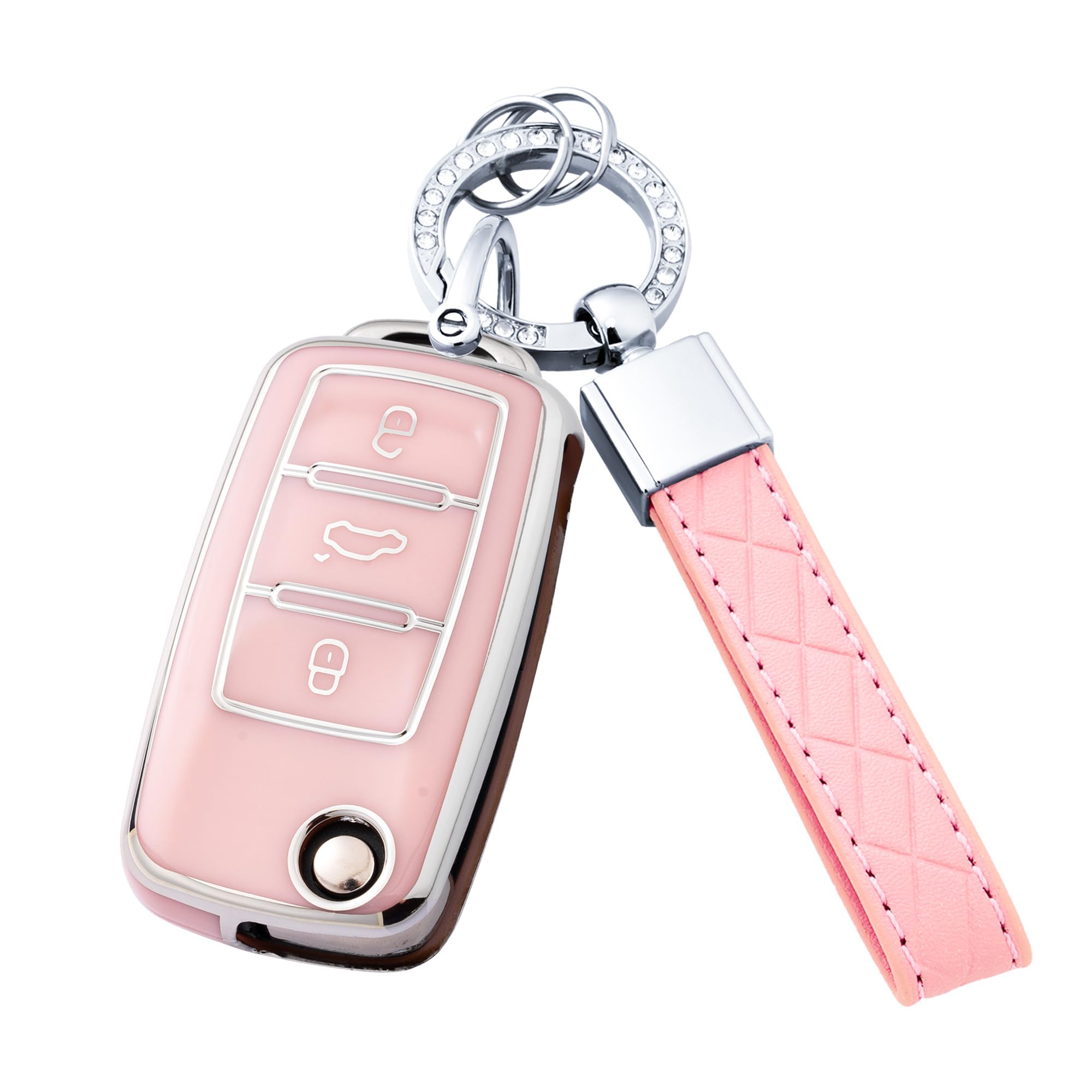Flensent Key Fob Cover with Keychain for VW Tiguan Touareg Jetta Beetle CC Eos Golf GTI Passat (Pink)
