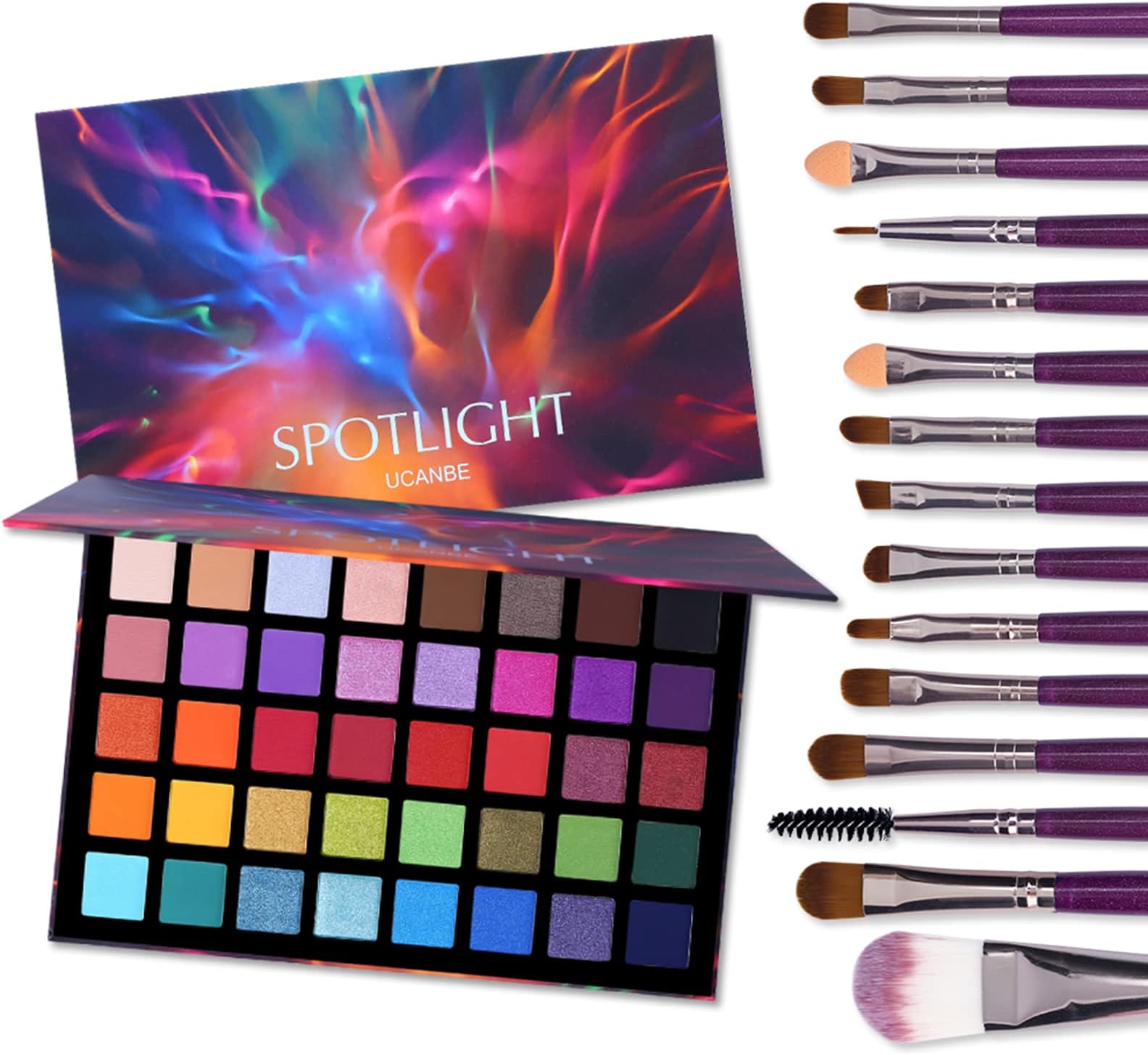 UCANBE Spotlight Eyeshadow Palette + 15 PCS Eye Brushes Makeup Set, Professional 40 Color Matte Shimmer Glitter Eye Shadow Pallet Highly Pigmented Waterproof Long Lasting Make up Pallete