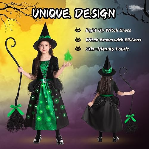 Miniatura 5 de Disfraz de bruja para niñas, vestido de bruja de Halloween iluminado con escoba de bruja y sombrero para Halloween, fiesta de cosplay para niños