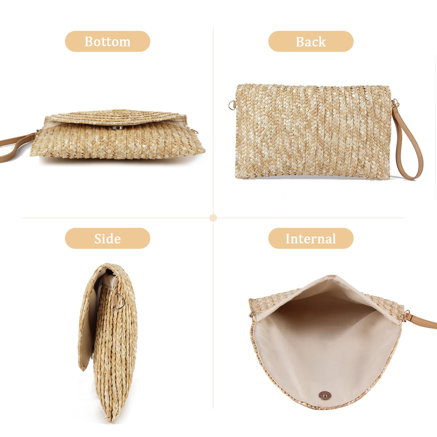 LHHMZ Cartera de mano de paja para mujer Bolsos de verano Bolsos de hombro de paja tejida Cartera de playa