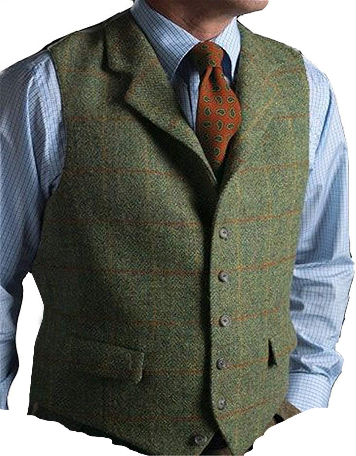 Jiaoyunshi Men's Suit Vest Casual Wool Blend Peaked Collar Herringbone Tweed Waistcoat Green