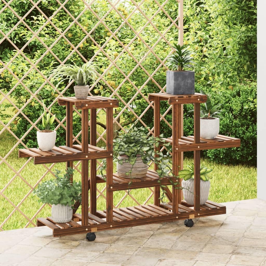 SYDE Supporto per fiori con ruote, in legno di abete, 110 x 25 x 78 cm | Carbonizzato artigianale, resistente all'umidità, ruote a 360 gradi, scaffale per piante e decorazione