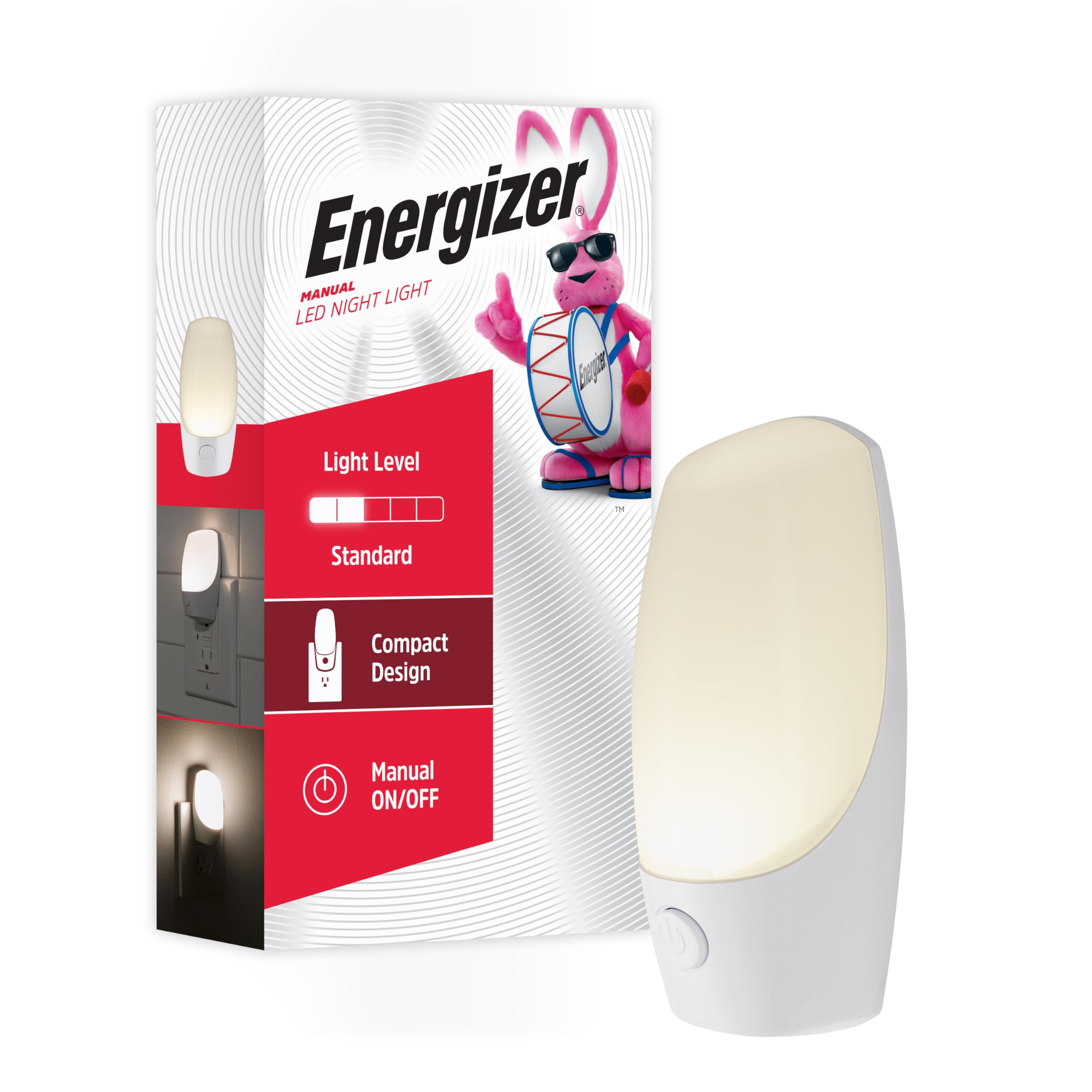 Energizer Manual On Off LED Night Light Plug-in Push Button Compact Contemporary for Bedroom Livingroom Hallway Bathroom Nursery