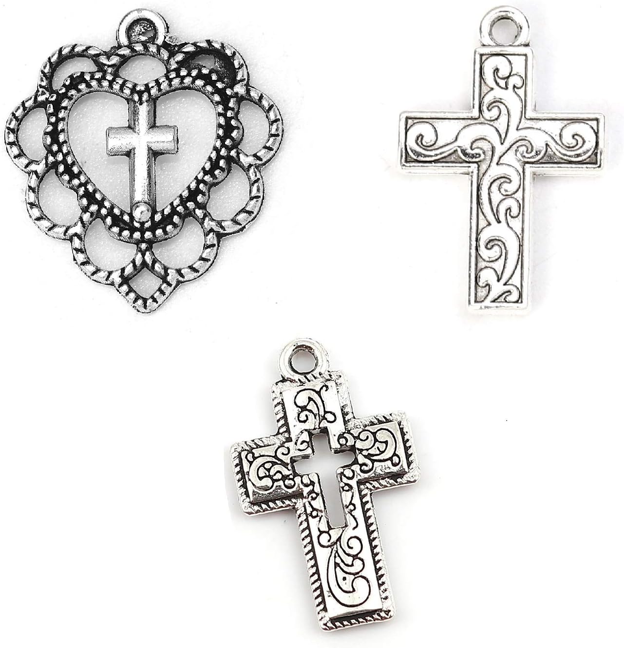 JGFinds Cross Charm Pendants - 130 Pack (30 of Heart, 50 each of Crosses) Old Style Filigree Look, Silver Tone, ⅞ Inch, DIY Jewelry Making Supplies
