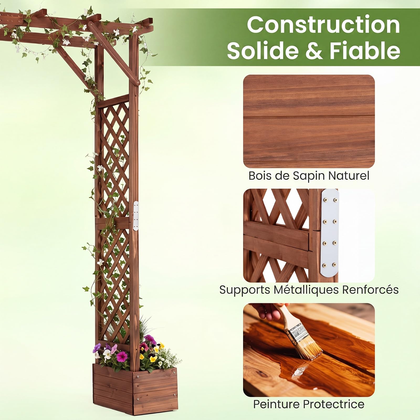 COSTWAY Arche de Jardin en Bois de Sapin, avec 2 Bacs à Fleurs | Pergola Extérieur Toit Suspensions, Treillis Latéral pour Plantes Grimpantes, Décoration Entrée Patio, 208 x 55 x 220 cm