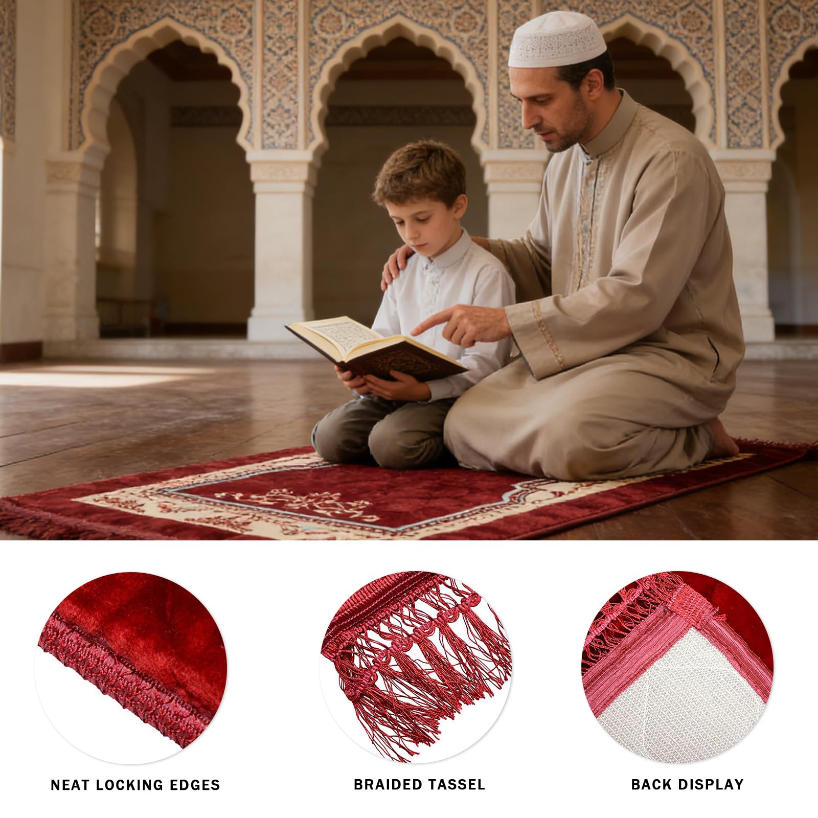 Tappeto da Preghiera Musulmano Rosso Imbottito Spesso,80x120cm | Tappeto da Preghiera in Flanella con Frange,Morbido Janamaz,Sajadah Islamico,Regalo Ramadan Eid Mubarak,per l'Eid,Ramadan