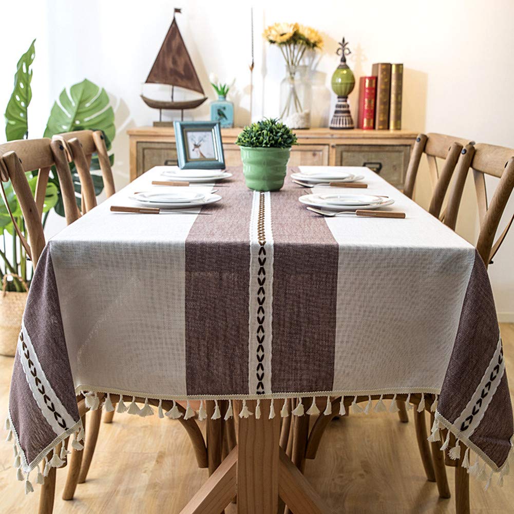 Wondder Brown Tassel Cotton Linen Table Cloth Tassel Lace For Table Cover Tablecloth Party Banquet Dining Table Cover (, 140X180cm(55X70.8inch))