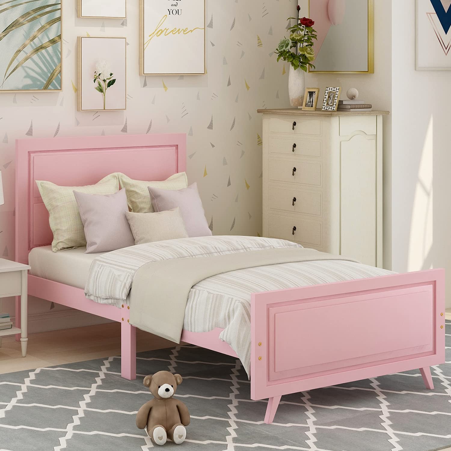 MERITLINE Twin Bed Frame, Wood Platform Bed with Headboard, No Box Spring Needed (Pink)