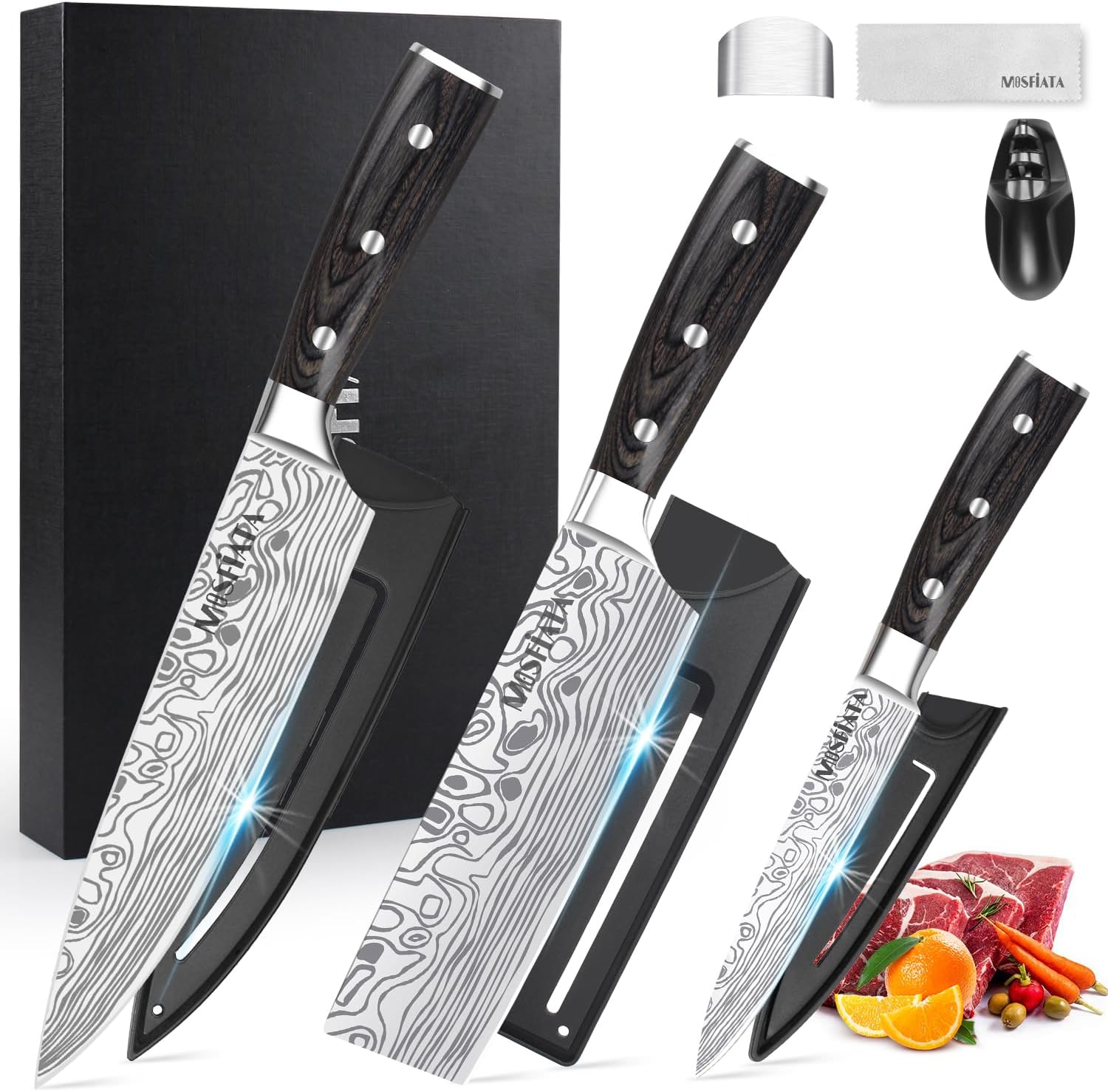 MOSFiATA Chef Knife Set, 3 PCS Professional Sharp 8" Chefs Knife 7" Nakiri Knife 5" Utility Cooking Knife, German High Carbon Stainless Steel Kitchen Knives Set with Sharpener, Finger Guard Gift Box