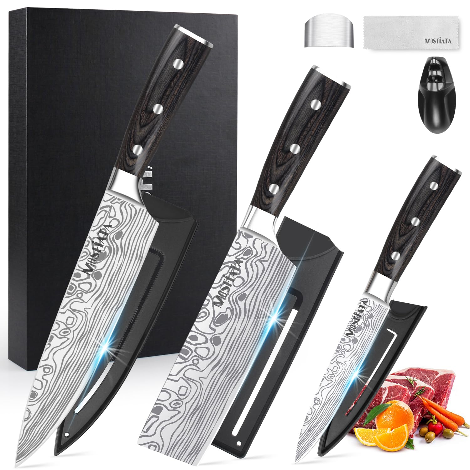 MOSFiATA Chef Knife Set, 3 PCS Professional Sharp 8" Chefs Knife 7" Nakiri Knife 5" Utility Cooking Knife, German High Carbon Stainless Steel Kitchen Knives Set with Sharpener, Finger Guard Gift Box