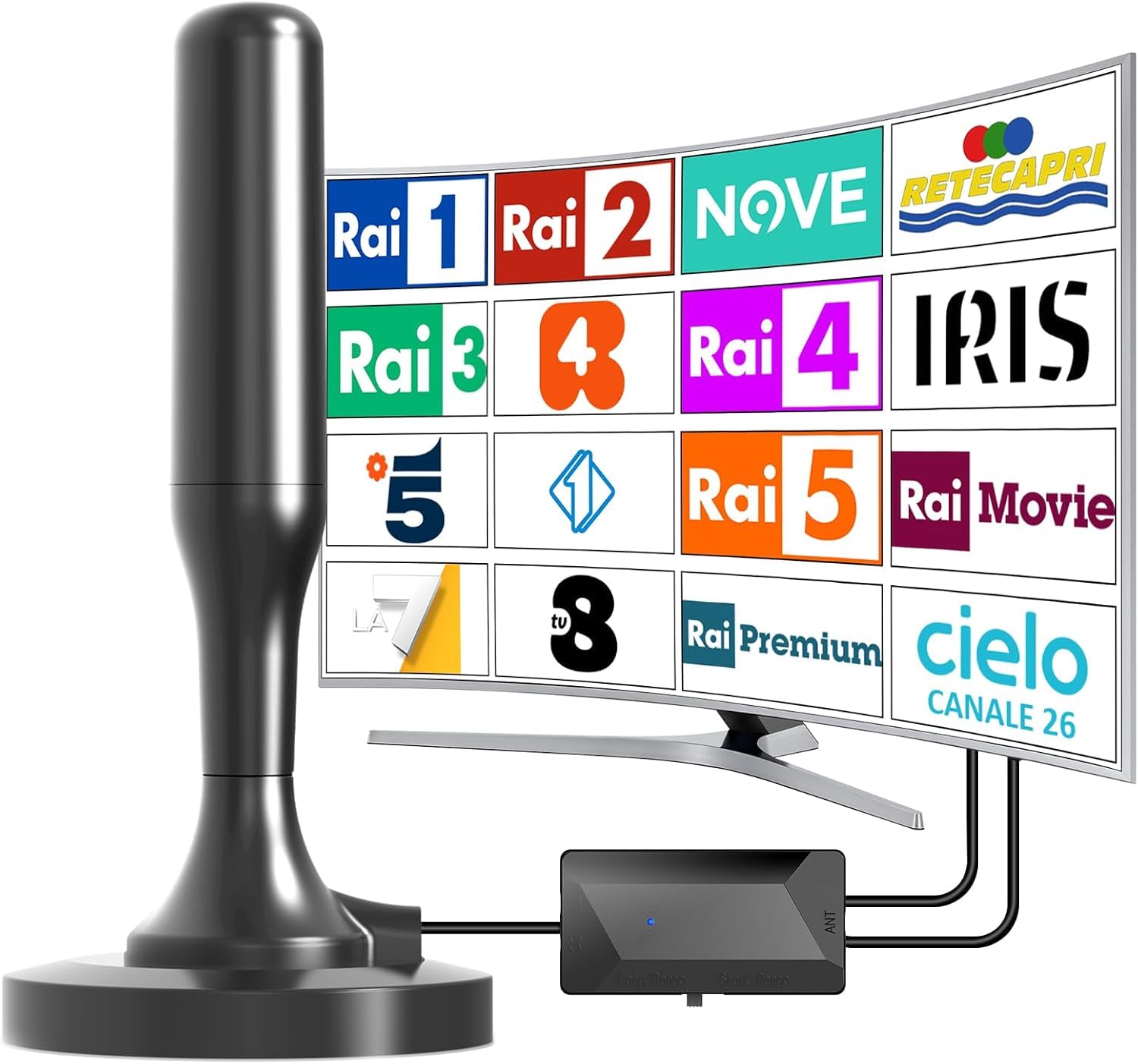 Antenna tv interna digitale per interni, Antenna tv portatile con solida base magnetica, cavo coassiale da 3 m. Supporta 4K 1080p VHF UHF DVB-T/DVB-T2 Canale locale