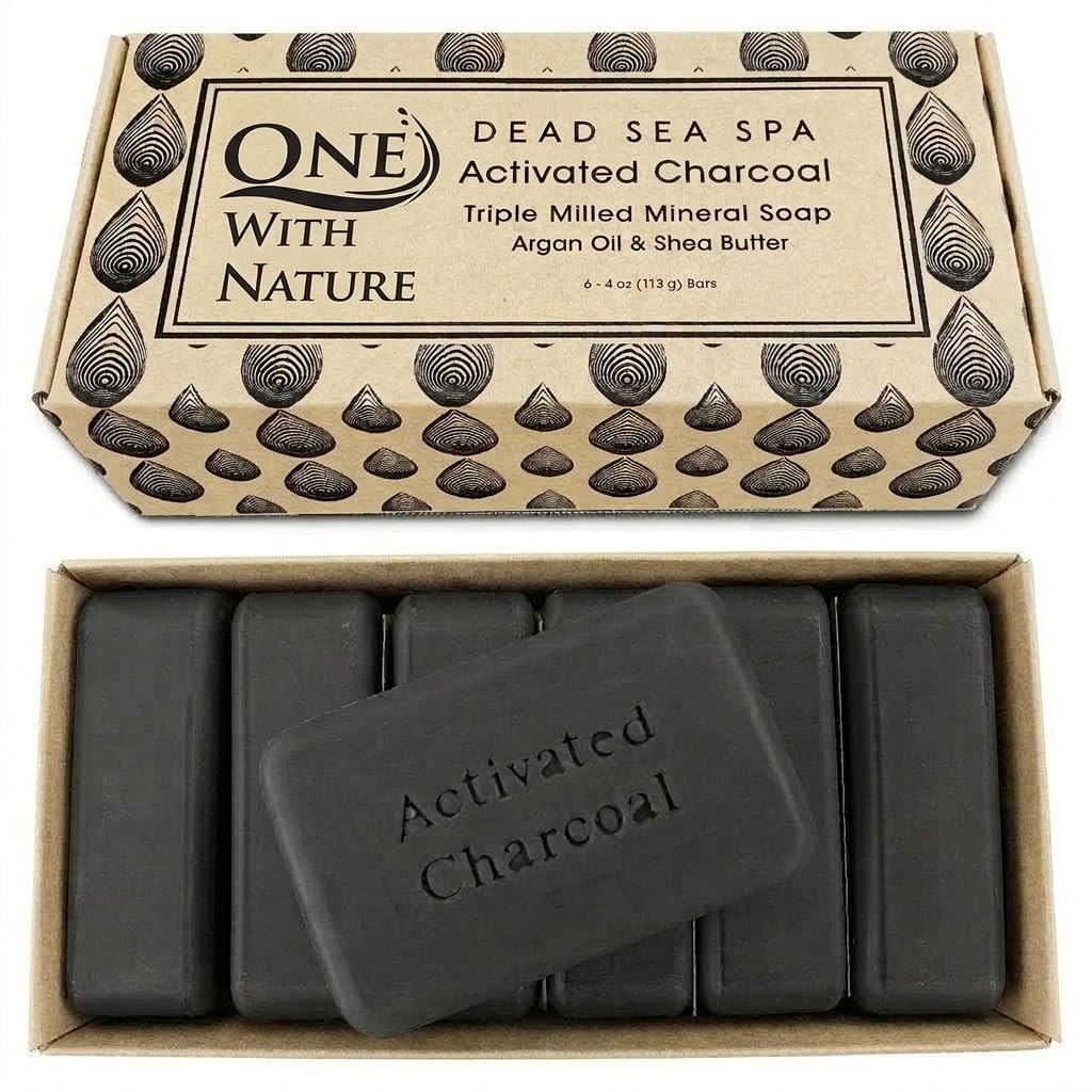 One With Nature Activated Charcoal Soap 4oz 6-Pack Gift Box – Detoxifying and Exfoliating Charcoal Soap Bar with Dead Sea Salt for Face & Body, for Men & Women