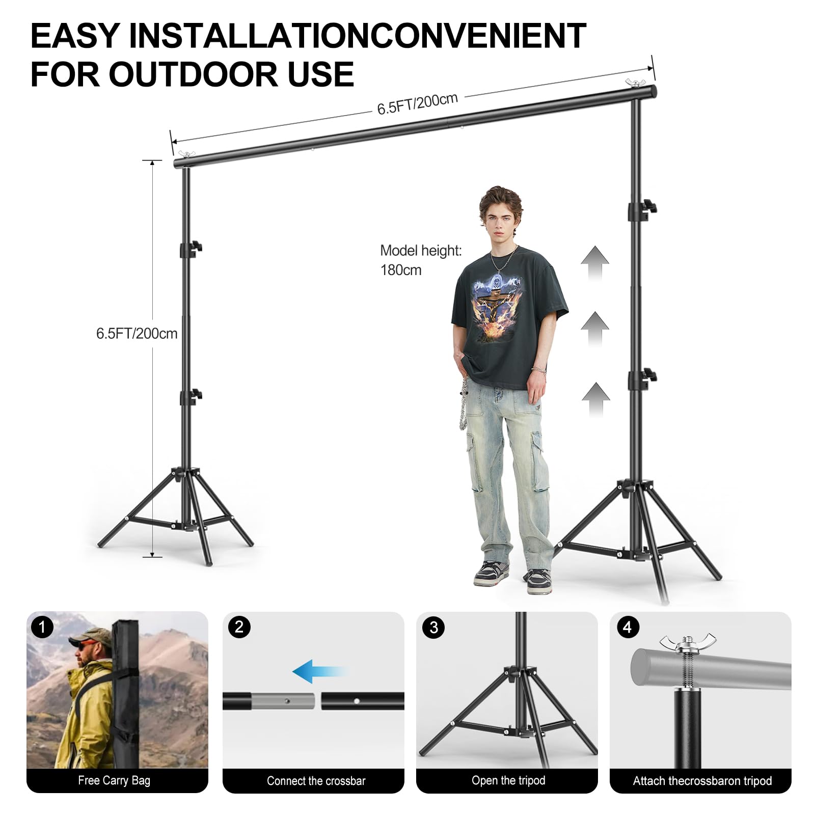 Soporte de telón de fondo de 6.5 x 6.5 pies, kit de sistema de soporte de fondo de fotografía ajustable con 4 abrazaderas y bolsa de transporte para fiestas, bodas, fotografía, decoración de
