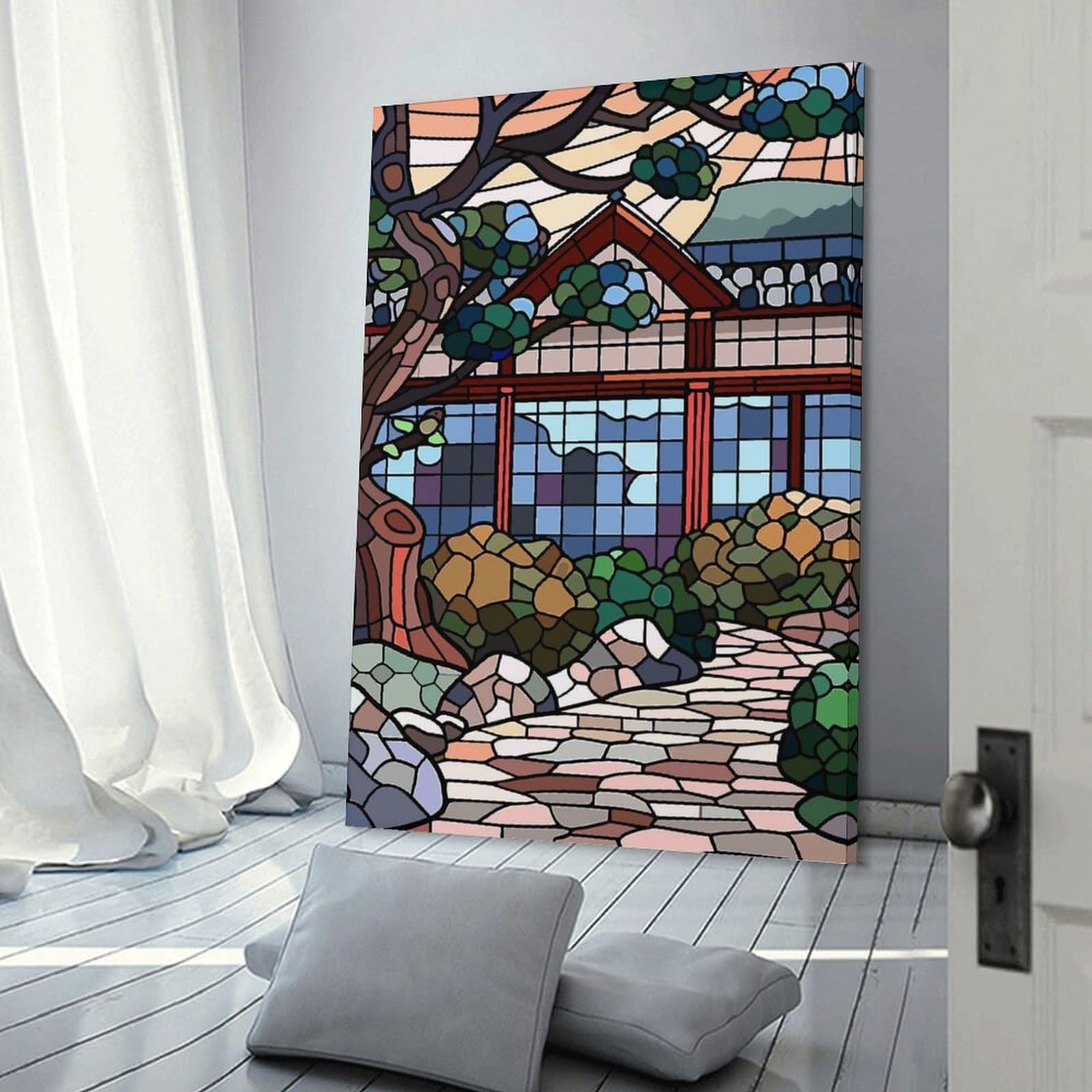 Junmoney Stained Glass Japanese Garden Scene Hanging Wall Art 24x36inch(60x90cm), for New Homes, Bedrooms Or Workspaces, Thoughtful Wall Decor for Art Lovers