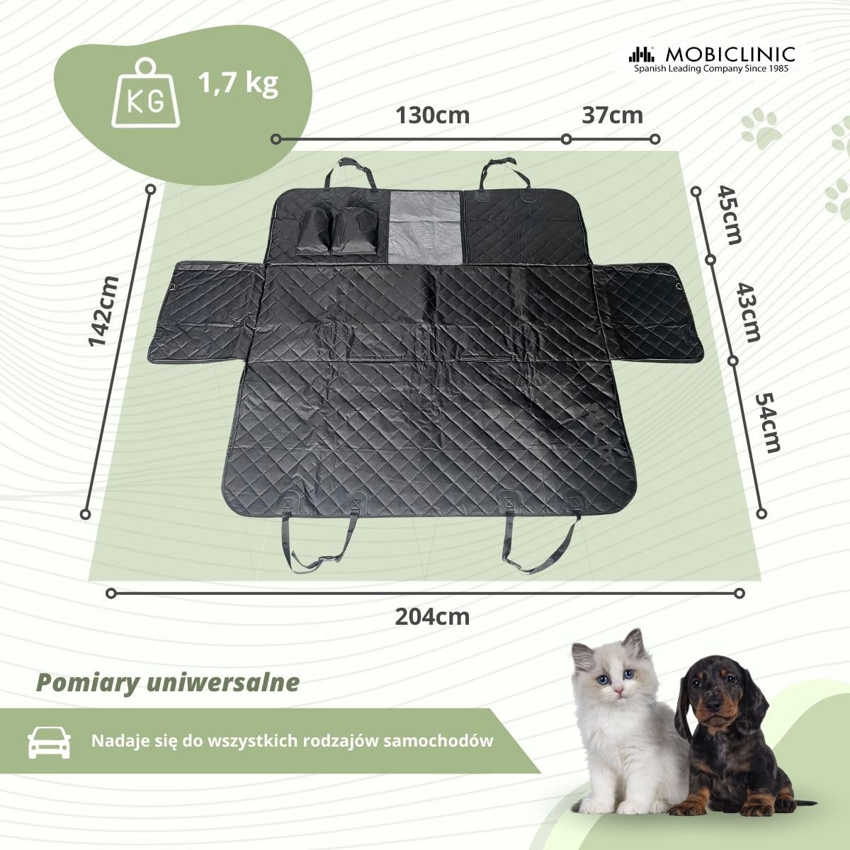 Mobiclinic® pets, Pokrowiec na fotel samochodowy dla psów, Sammy, Uniwersalny, Antypoślizgowy, Wodoodporny, Kieszeń boczna, Regulowane paski, Niskie składanie, Torba transportowa, Do bagażnika