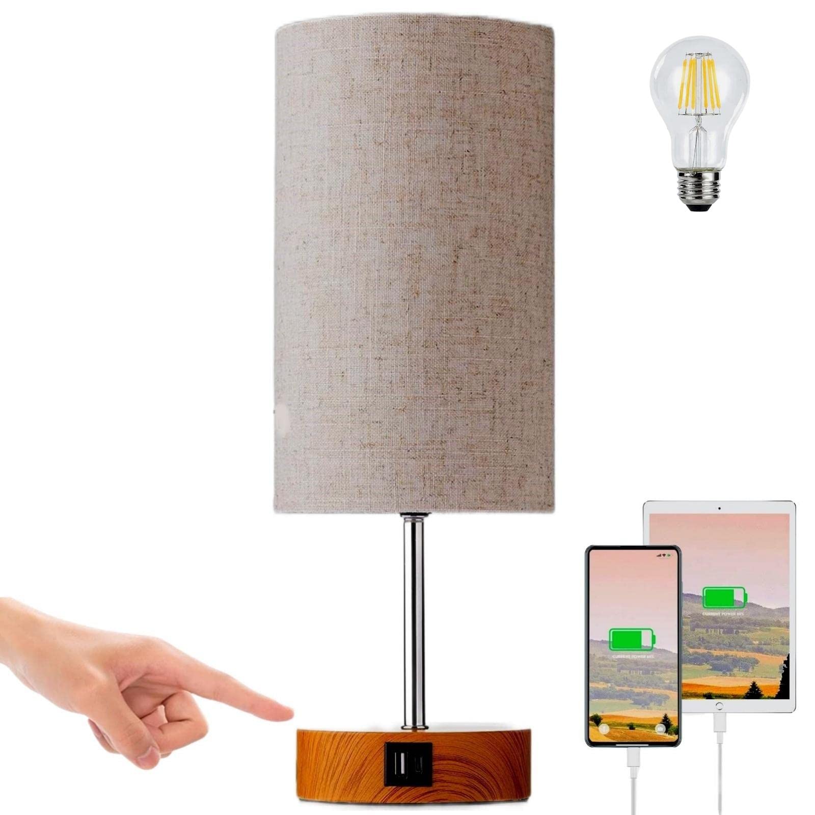 SXDMOUBK Touch Bedside Lamp, Nightstand Bedroom Table Lamp with Dual USB Port, 3 Way Dimmable Desk Lamp LED Night Light Room Decor for Home, Office, Living Room, Dorm (Flaxen)