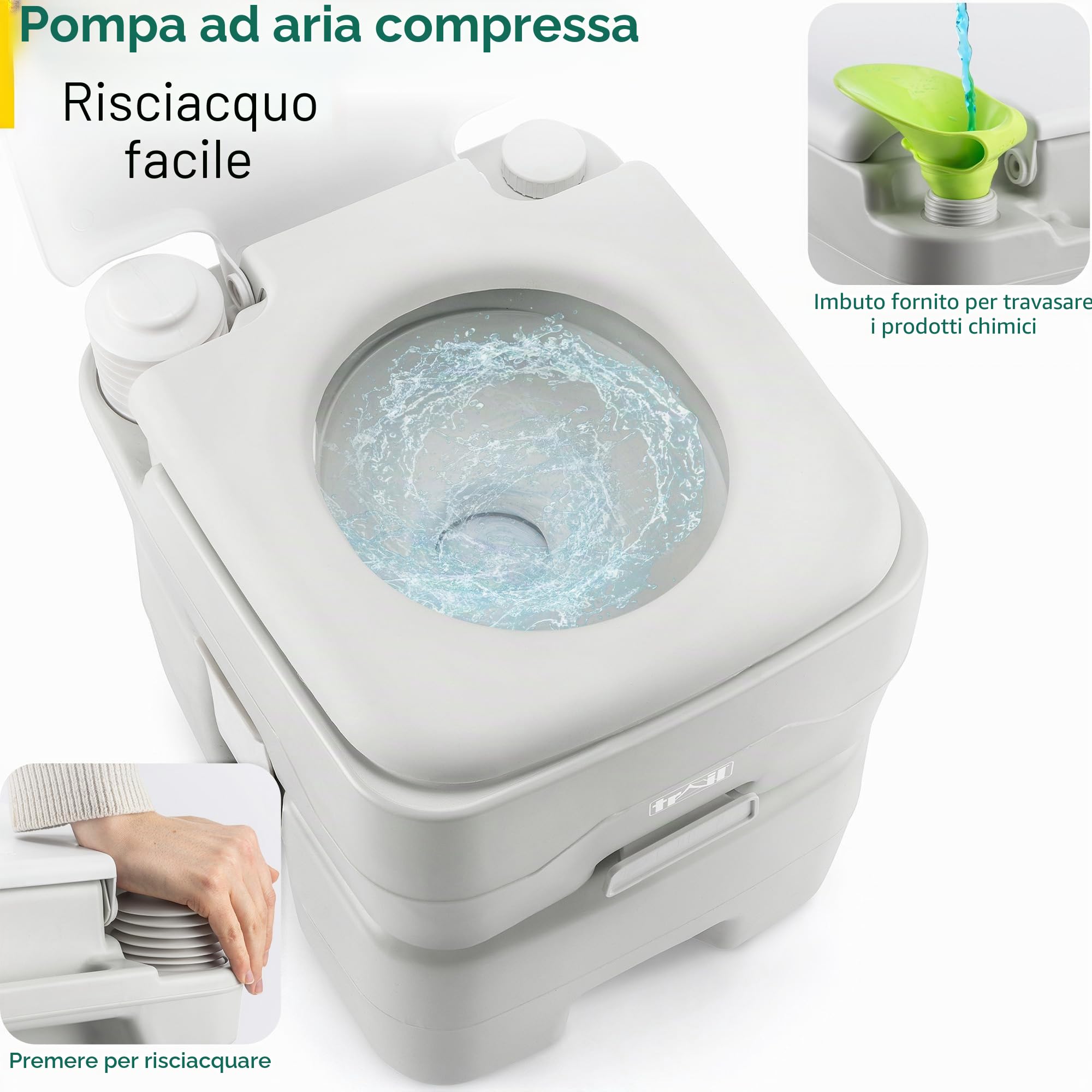 Trail WC Portatile da Campeggio Lavabile, Gabinetto Portatile da Viaggio, WC da Campeggio con Ampio Serbatoio di Scarico Rimovibile (10L / 20L), Doppia Valvola a Ghigliottina per Prevenire Gli Odori