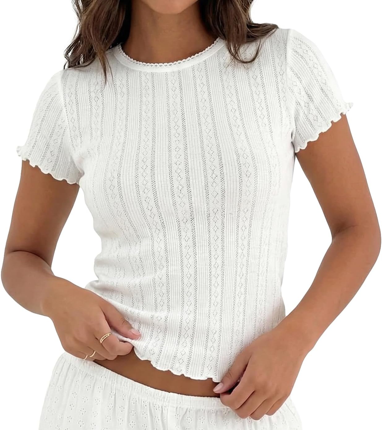 BAIGRAM Women Cute Y2K Pointelle Crop Tops Lettuce Short Sleeve Crew Neck Tee Slim Fitted Tshirts Preppy Summer Going Out