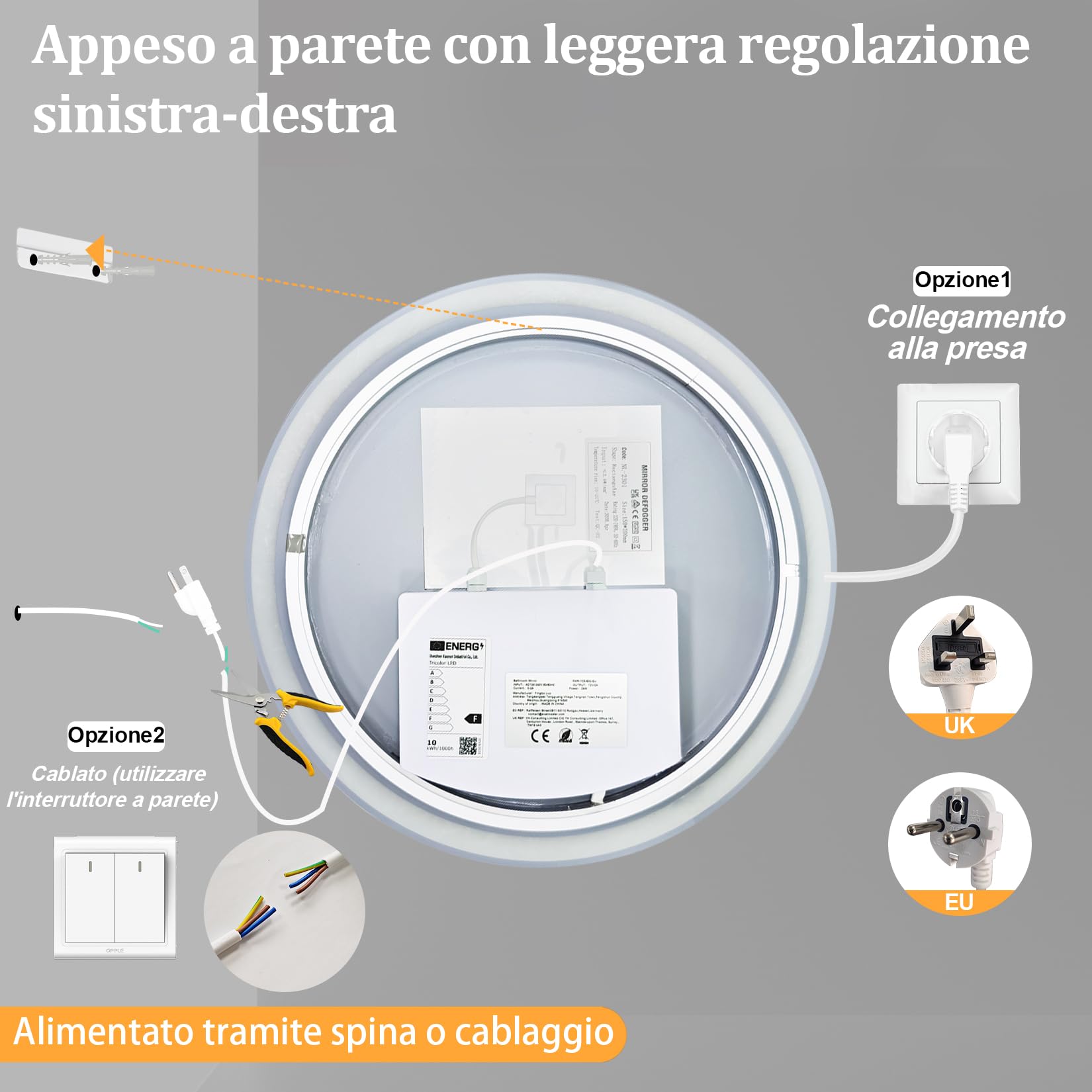 Specchio da bagno rotondo da 49.5 cm con illuminazione a LED | Specchio cosmetico con retroilluminazione, 3 temperature di colore, antiappannamento, luminosità regolabile, IP56