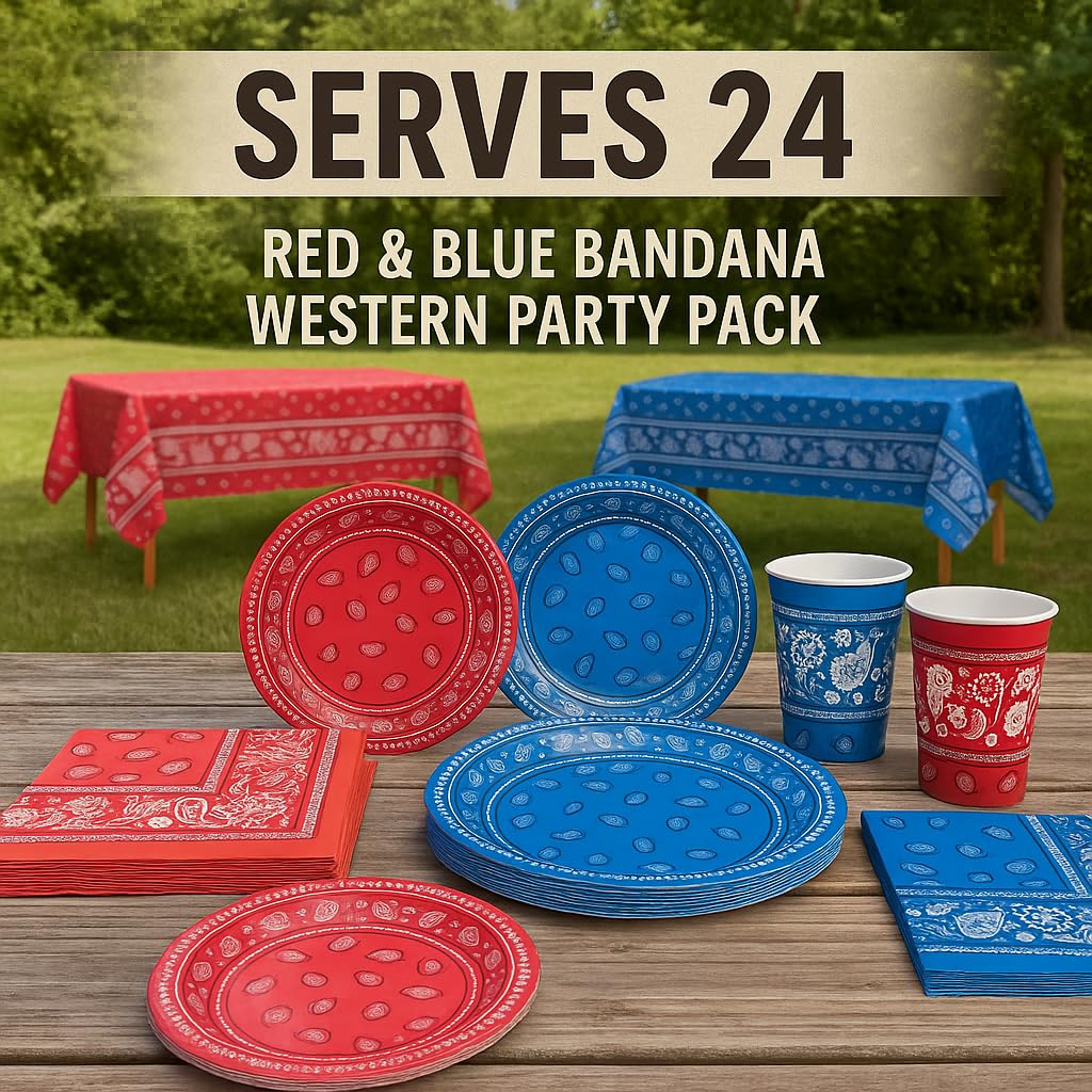 Oojami 24 Guest Red & Blue Bandana Western Party Supplies – Complete Pack with 9