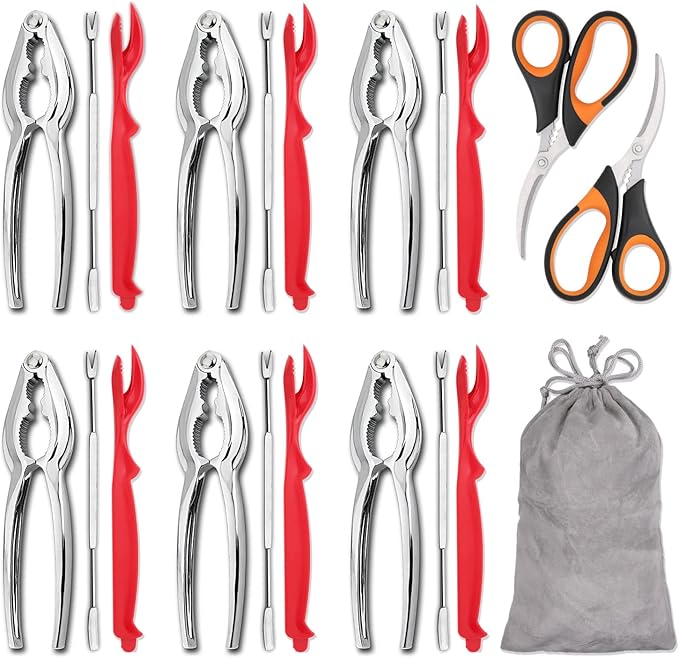 Hiware 20-piece Seafood Tools Set includes 6 Crab Crackers, 6 Lobster Shellers, 6 Crab Leg Forks/Picks and 2 Seafood Scissors & Storage Bag - Nut Cracker Set