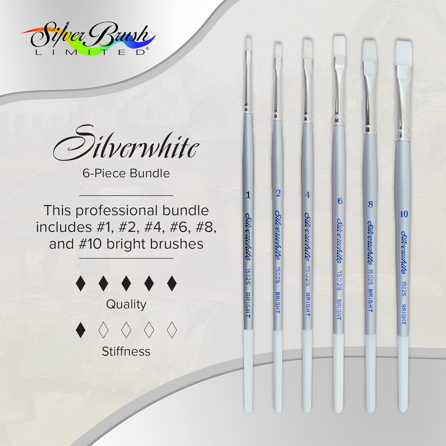 Silver Brush Limited SW-1585S Silverwhite Short Handle Bright Brushes with Soft Synthetic Taklon, 6pc Premium Artist Painting Bundle for Acrylics, Watercolor, Gauche, Ink, Dye, Craft Paint, & Tempera