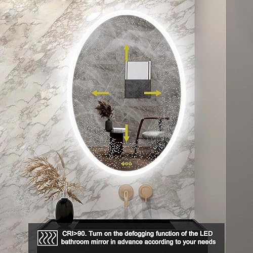 Miniatura 8 de CITYMODA Espejo LED ovalado de baño de 20 x 28 pulgadas, espejo ovalado iluminado de 3 colores, espejo LED regulable para baño, antiniebla, montado