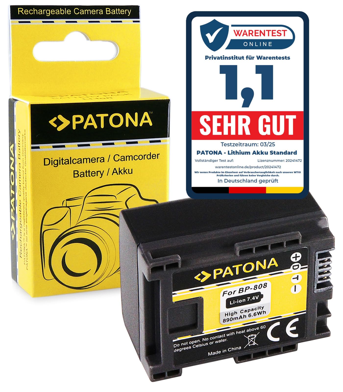 PATONA Batteria BP-808 (890 mAh) – ricambio per Canon BP-807 BP-808 BP-809 – compatibile con Legria FS-serie, HF-M31 M36, HF-S10–S21, VIXIA HF100, HG20/21 – tiene in vita il camcorder