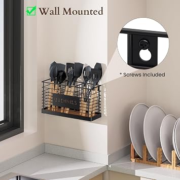 THYGIFTREE Large Utensil Holder for Kitchen Counter Black Metal Cooking Utensil Organizer for Countertop 3 Compartments Kitchen Tools Holder for Spatula Utensil Crock Caddy