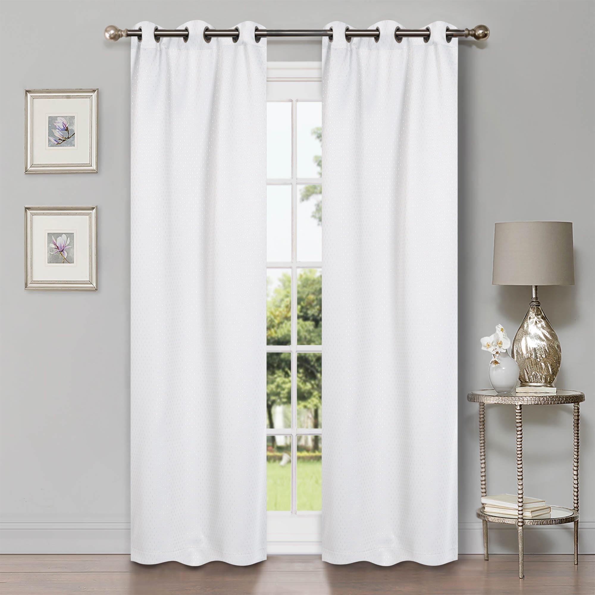 Superior Semi Blackout Curtains - Whimsical Shimmer Design - 42" x 108" - Grommet Header - Sun Blocking & Room Darkening Drapes for Bedroom, Living Room - Set of 2 Panels - Snow White