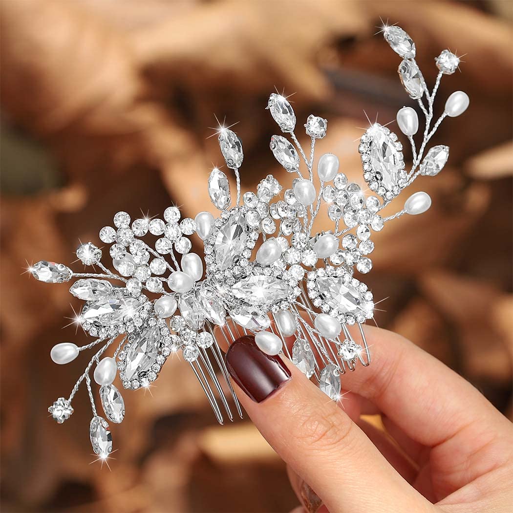 Silver Bridal Hair Comb Piece Wedding Hair Accessory for Bride | Rhinestone Wedding Hair Combs Pearl Bridal Hair Accessories for Women