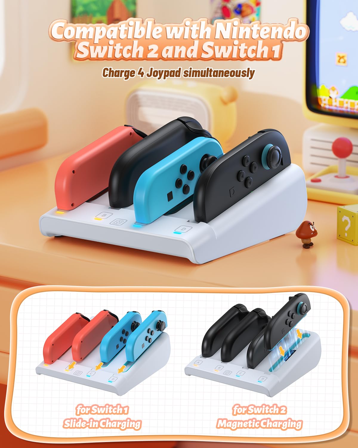 RGB Caricatore per Switch 2/Switch 1, FASTSNAIL Dock di ricarica compatibile con Switch 2 per Joycon 2, Controller accessorio per Switch 2/Switch 1