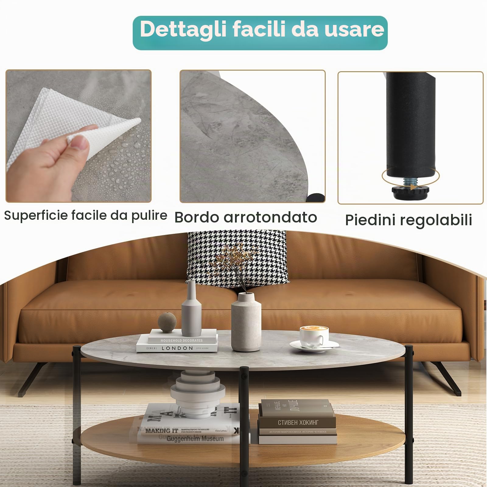 LIFEZEAL Tavolino Salotto in Marmo Pietra, Ovale, Moderno, Basso, Tavolino da Caffè, da Soggiorno, a 2 Ripiani, Coffee Table, Telaio in Metallo, Semplice, Robusto, Peso Max 90 kg, 105x65x41 cm