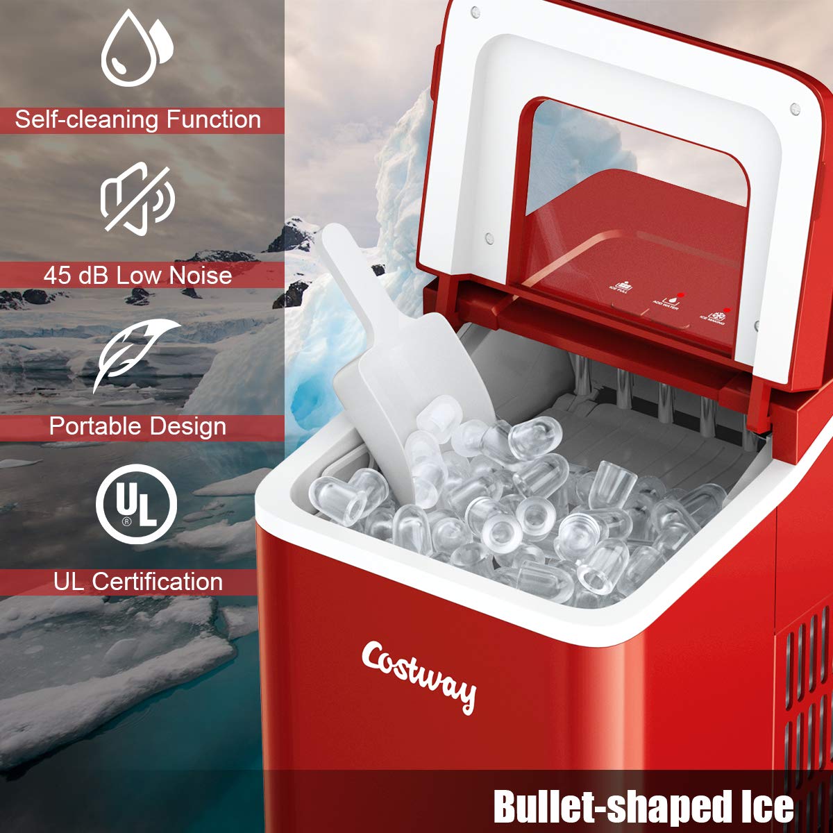 COSTWAY Countertop Ice Maker, 26lbs/24h Portable Ice Machine With Self-Cleaning Function, Bullet Ice Cubes Ready In 8 Mins, Scoop And Removable Basket,Ice Maker For Home Party Bar, Red on Fridge.com - View 3