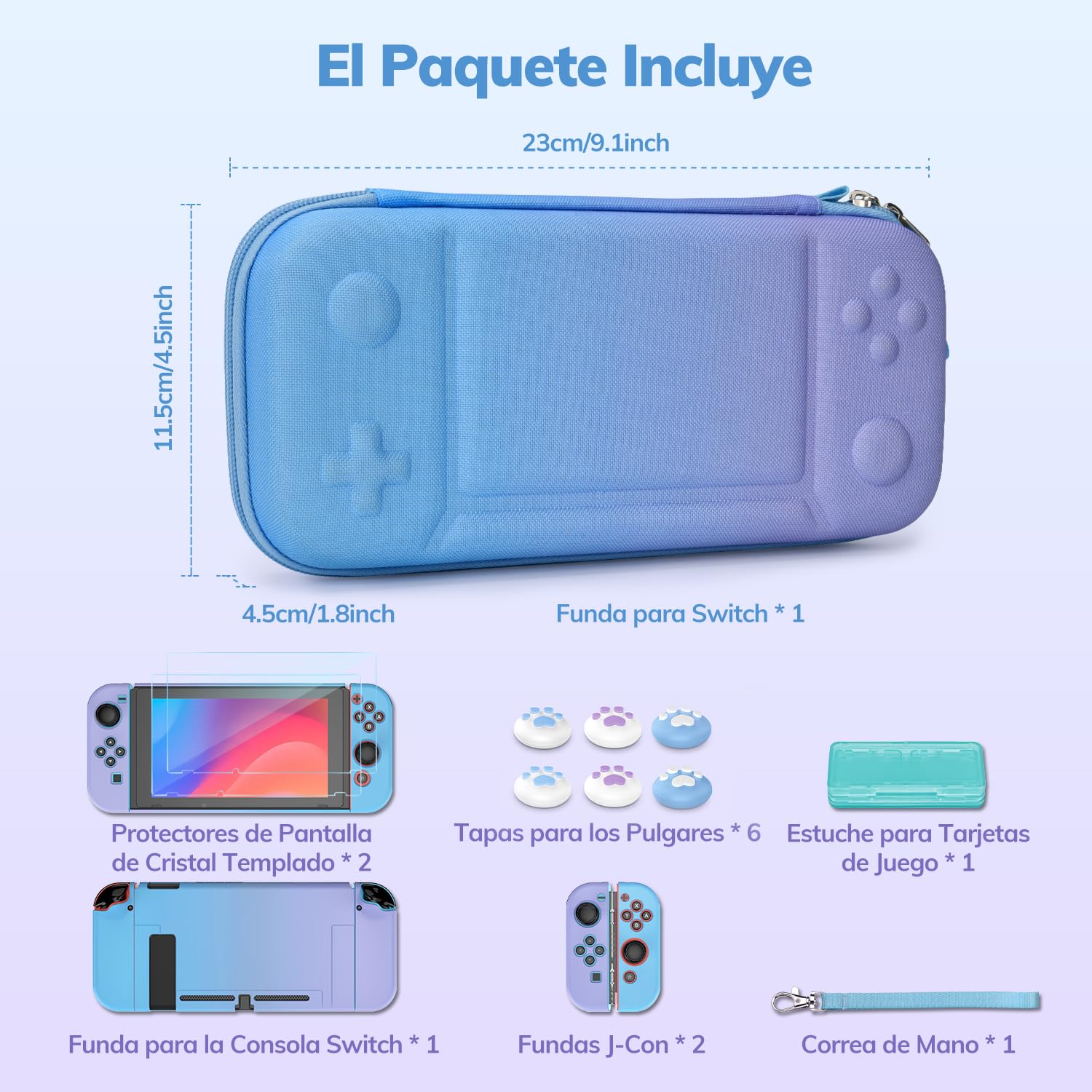 Younik Switch Funda para Switch 2017, 14 en 1 Paquete de Accesorios Para Switch con Estuche de Transporte, Accesorios Protectores Para Switch y J-Con, Estuche Para Tarjetas de Juego, Azul y Violeta
