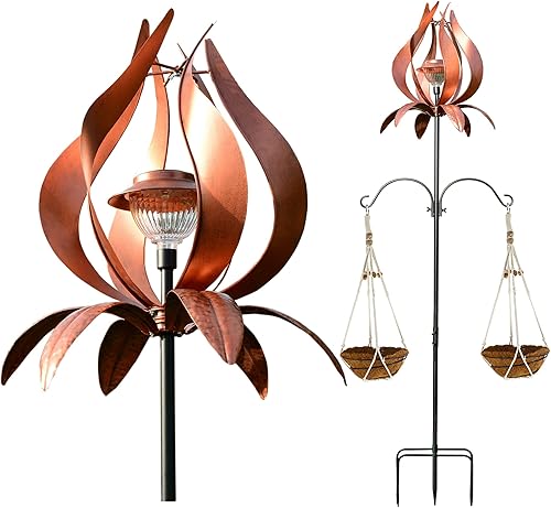 Miniatura 7 de Molino de viento para patio, decoración de metal al aire libre, gancho de pastor de veleta arco iris, cesta floral de coco, hilandero de viento de