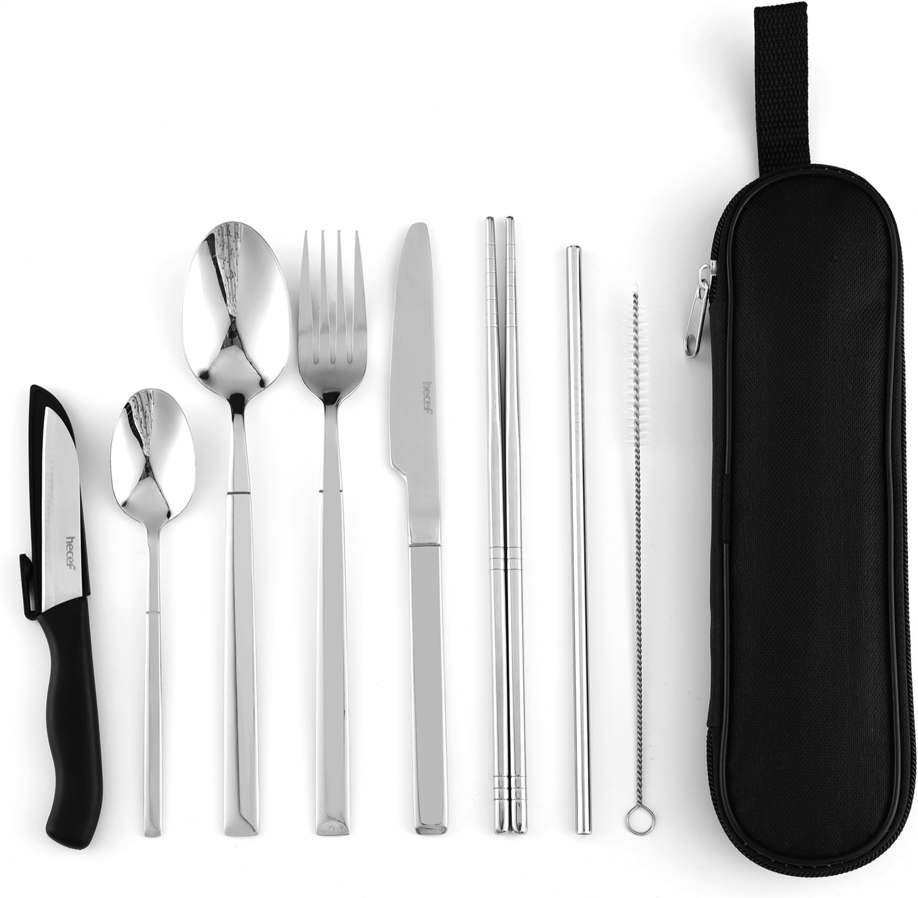 Hecef Travel Cutlery Set Portable Camping Flatware Set for 1, Premium Reusable 18/0 Stainless Steel with Sleek Case for Picnics (Silver)