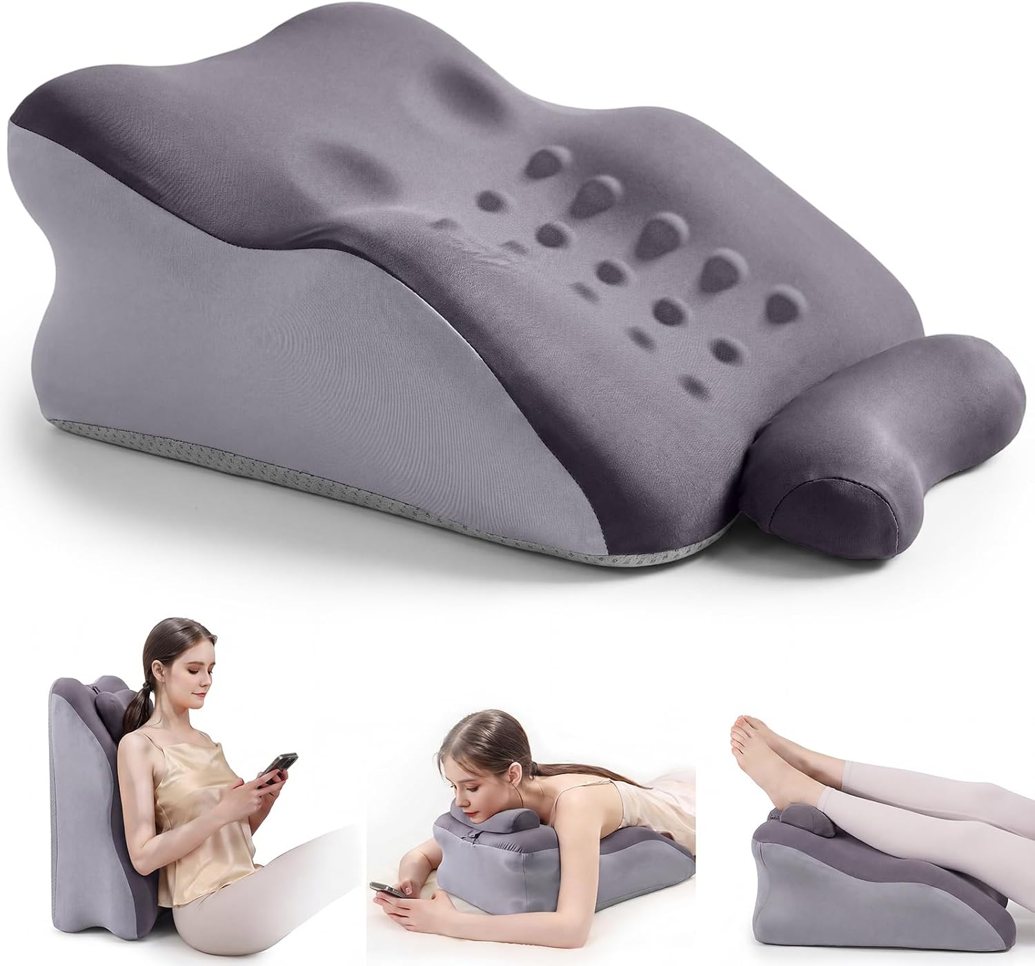 Wedge Pillow for Bed, Memory Foam Back Support Pillow with Removable Headrest and Textured Surface, Washable Cover and Spare Cover, Bed Reading Pillow for Sleeping and Lounging, Grey