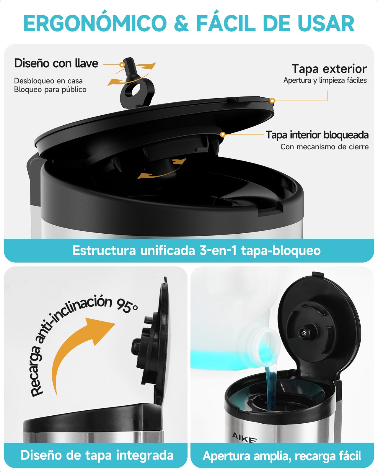 AIKE AK1205E Dispensador Automático de Jabón de Montaje en Pared, Gran Capacidad en Acero Inoxidable para Comedor y Baño