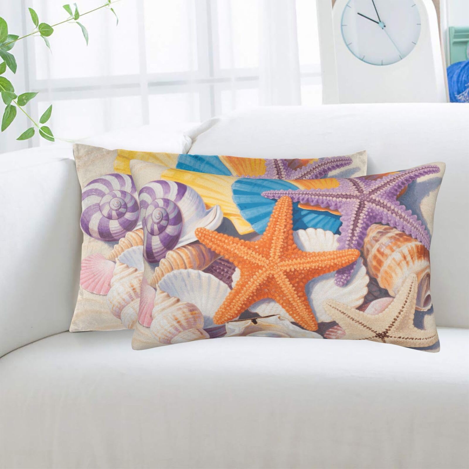 2 Pack Standard Pillowcases Sets, Ultra Soft Comfort Microfiber Plush Pillow Cases Colorful Seashell and Starfish Decorative Throw Pillow Cover with Hidden Zipper for Bedroom, Sofa, Couch,20"X30"