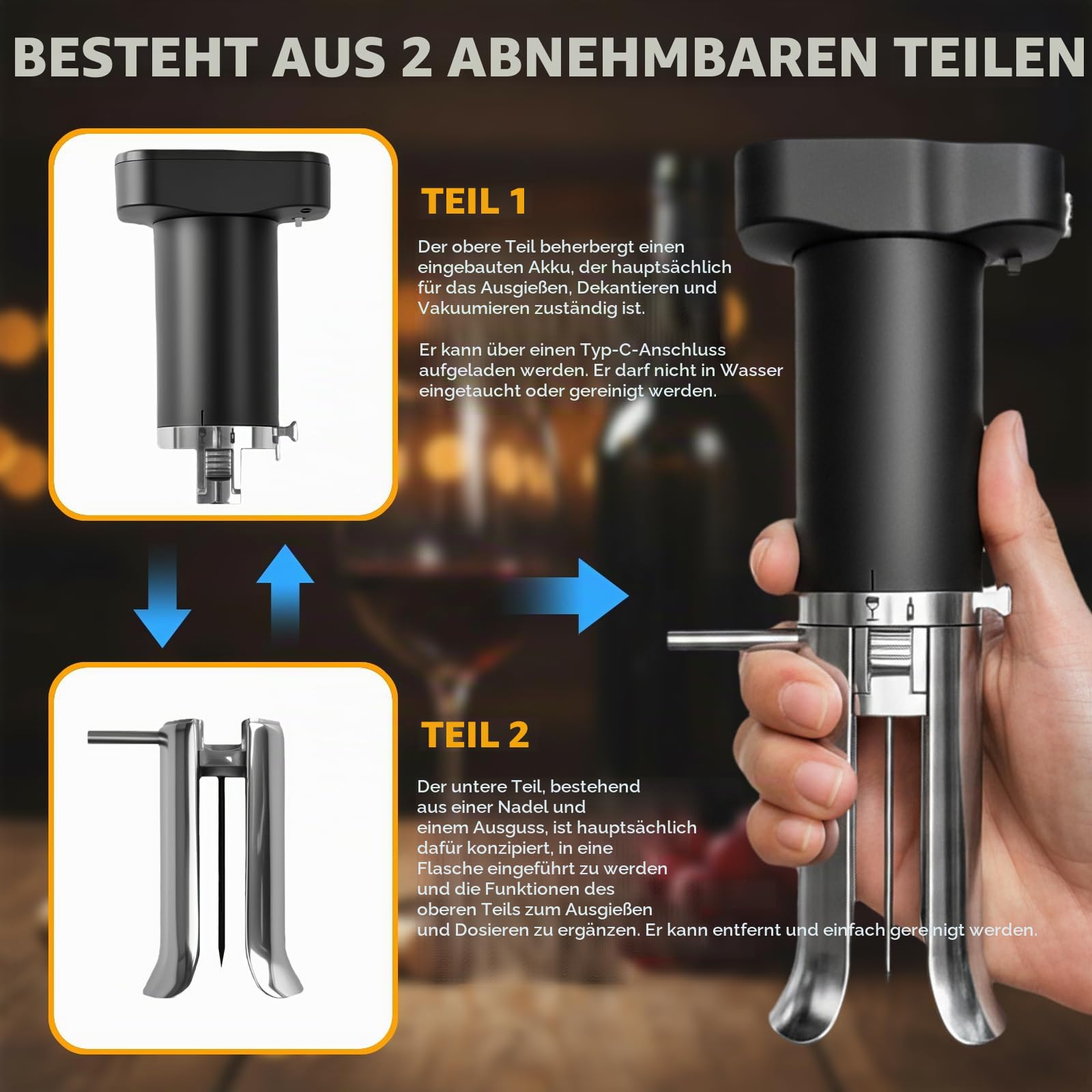 ZONSUSE Elektrischer Weinbelüfter und Ausgießer, 3-in-1 Weindekanter, Weinkonservierungssystem, Vakuumverschluss Hält Wein 10+ Tage, Weinspender Geschenk für Weinliebhaber (Schwarz Silber)