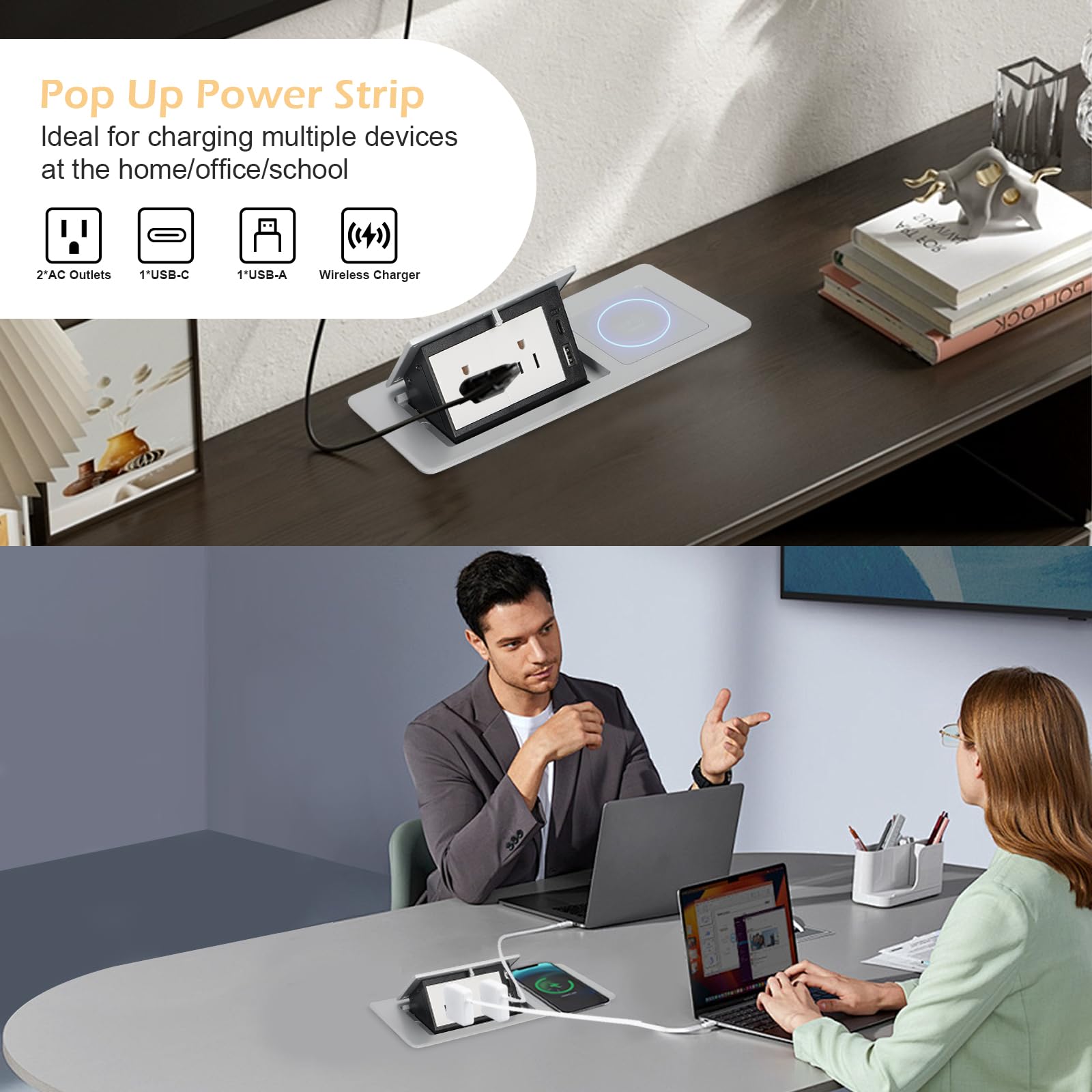 Regleta de alimentación plegable para encimera automática con cargador inalámbrico de 15 W + USB A + USB C + 2 cables de CA de 5.9 pies para conferencias, computadora, oficina, cocina (plateado)