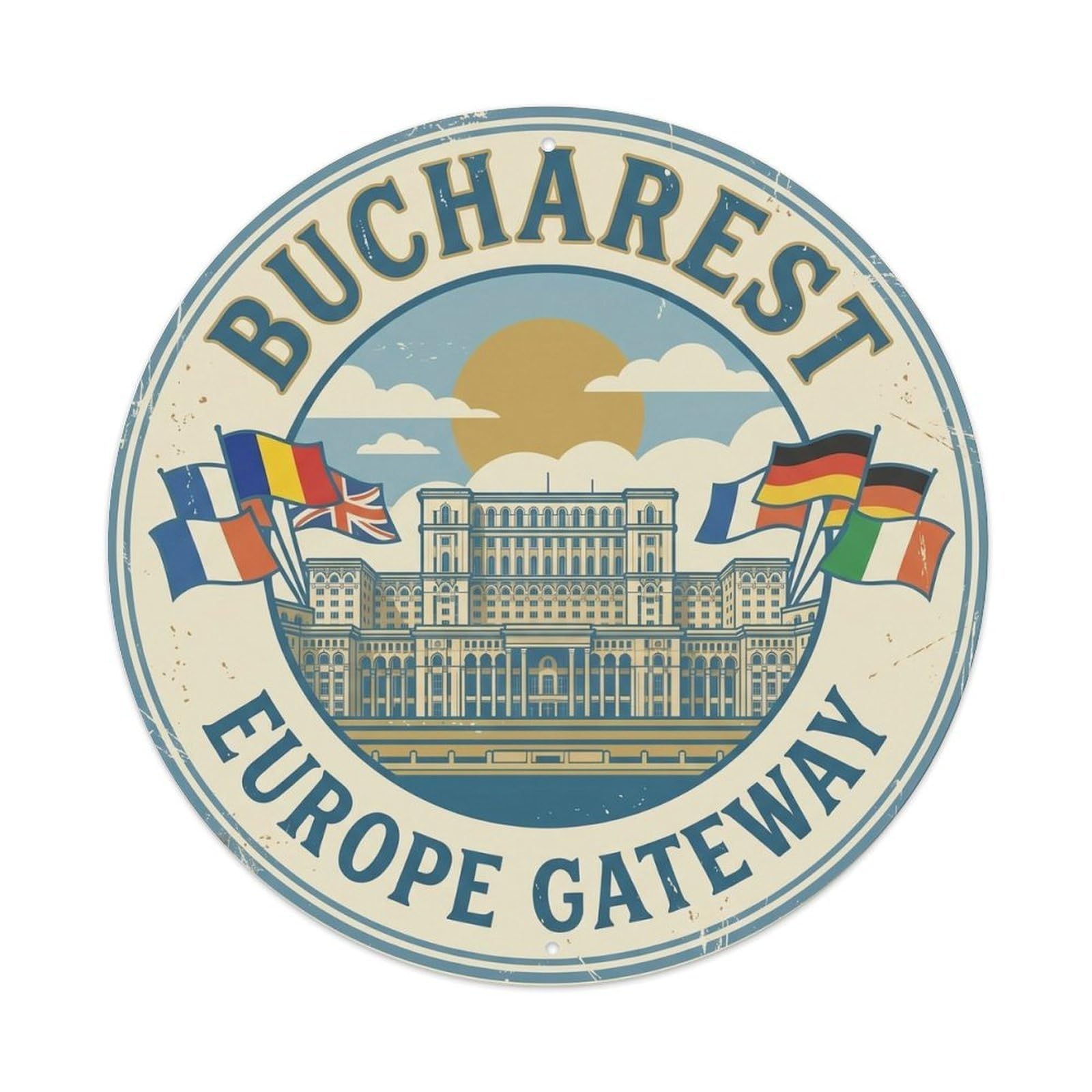 Bucharest Europe Parliament Historic Tourism Classic Metal Tin Sign Plaque Wall Decor for Cafe, Man Cave, Club Bar, Office, Home Garden Round Metal Poster 8x8Inch