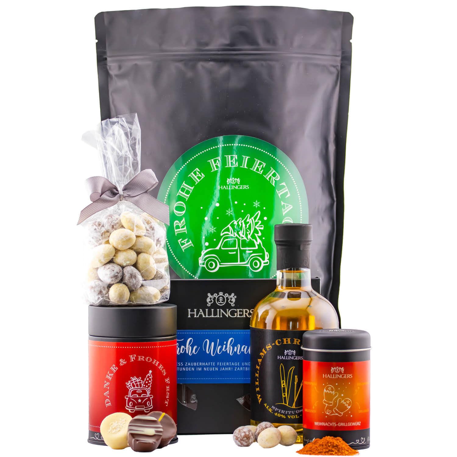 Hallingers Genuss Manufaktur Feinkost Weihnachts-Geschenk-Set - XXL-Wundertüte "Frohe Feiertage" großes Mitbringsel Schokolade, Pralinen, Mandeln, Gewürz & Williams-Christ, Weihnachten für Frauen