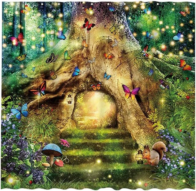 Allenjoy Fairy Tales Shower Curtain Set with Hooks Enchanted Forest Tree Butterfly Spring Home Bathroom Bathtubs Decor Easy Care Washable Durable Polyester Fabric 72"x72"