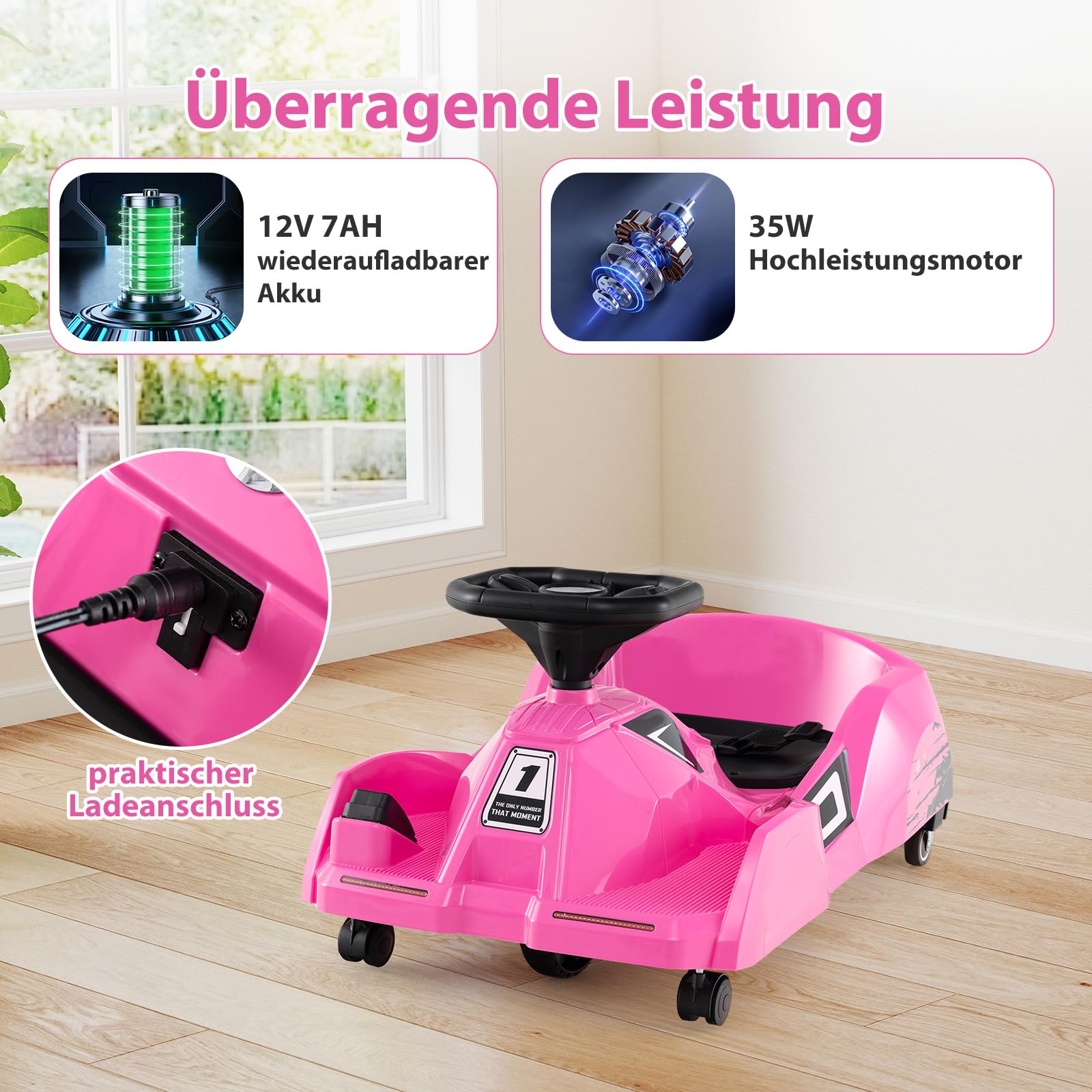 COSTWAY 3 in 1 Reinigungs Kinder Elektro Gokart, 12V Cleaning Drift Kart mit abnehmbarem Mopp, 2-4 km/h, Go Cart mit Musik, Fernbedienung & Hupe, Kinderfahrzeug Tretauto für 2-5 Jahren Kinder (Rosa)
