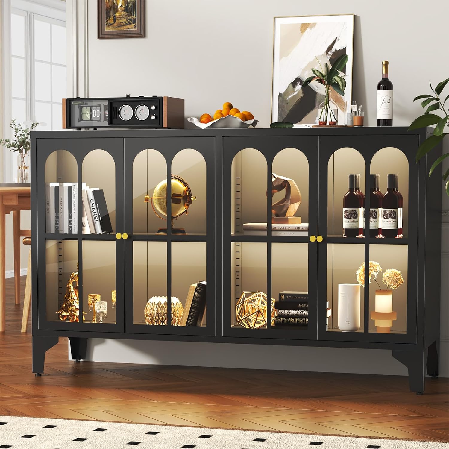 Sideboard Buffet Cabinet with 4 Glass Doors & COB Light, 53" Large Farmhouse Black Buffet Cabinet with Storage & Adjustable Shelf, Metal Accent Sideboard Credenza for Living Room