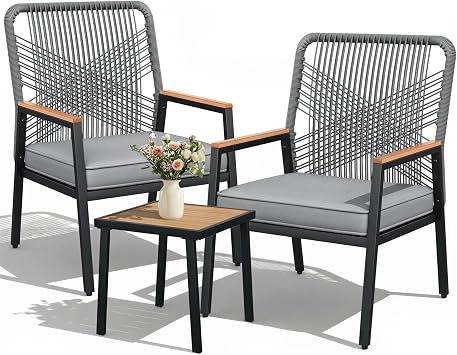 LIFERUN 3-Piece Patio Furniture Set, 2 Outdoor Rattan Chairs with 1 Table, Garden Set with 3.15in Thick Cushions, WPC Armrest, for Balcony, Backyard, Terrace, Grey