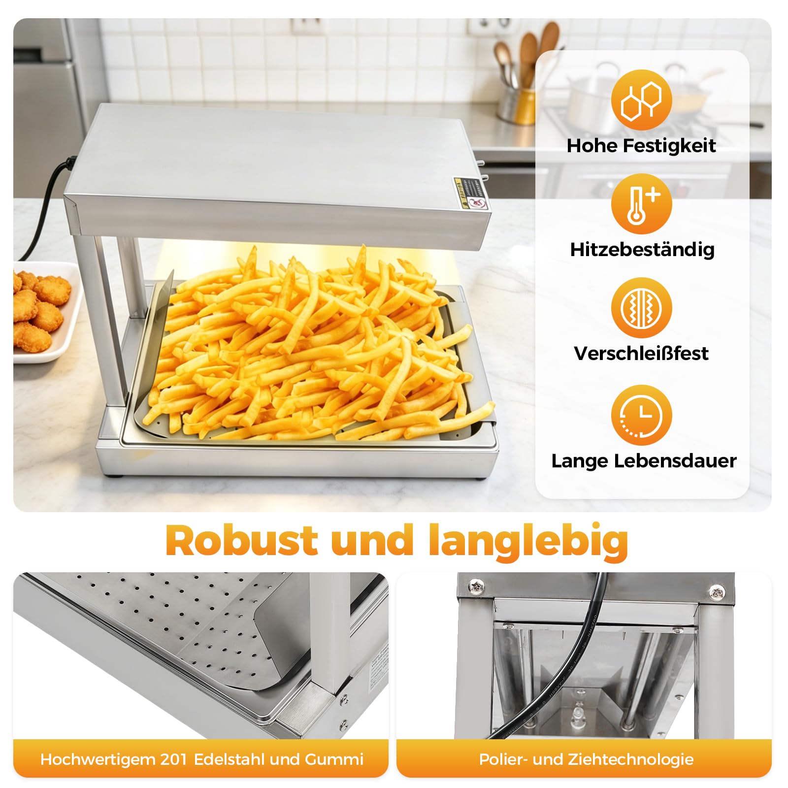 750W Pommes Frites-Wärmer Pommes Frites Wärmestation Elektro Pommeswärmer mit Beleuchtung, Wärmebrücke für Chips, Frittierte Lebensmittel