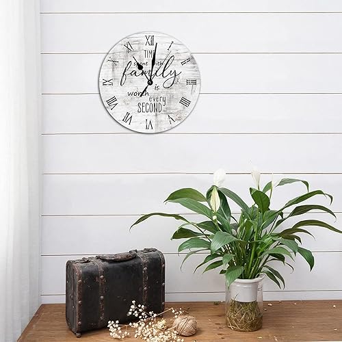 Miniatura 4 de Reloj de pared redondo de madera rústica de 10 x 10 pulgadas citas familiares el tiempo pasado con la familia vale la pena cada segundo silencioso
